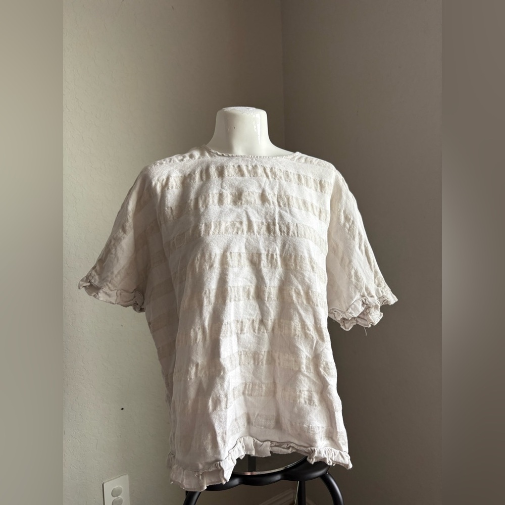 Who What Wear Linen Cotton Blend white stripe blouse women’s size large preppy